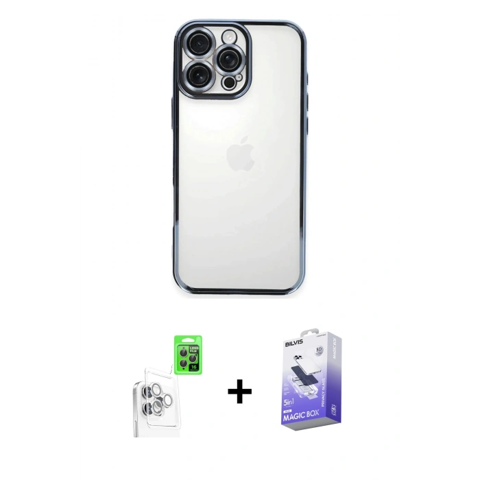 MARSİLYAN™- iPhone 16 Pro Kılıf Vadi Minimal - Siyah Bilvis 5in1 5D Magic Hayalet Cam Ekran Koruyucu + Raze Metal Kamera Lens - BZ