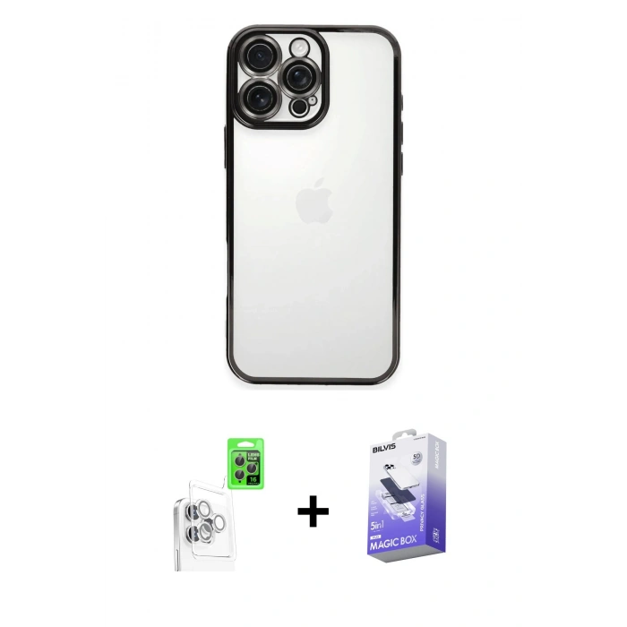 MARSİLYAN™- iPhone 16 Pro Kılıf Vadi Minimal - Siyah Bilvis 5in1 5D Magic Hayalet Cam Ekran Koruyucu + Raze Metal Kamera Lens - BZ