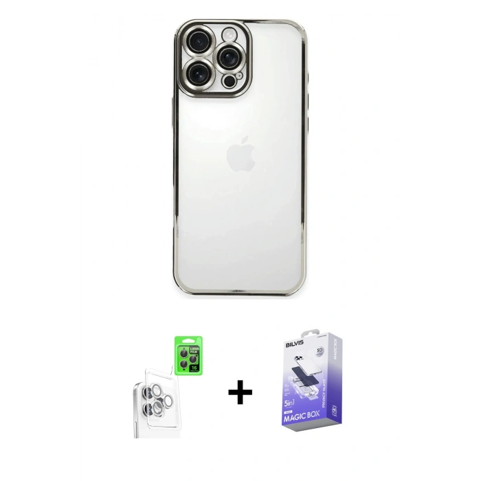 MARSİLYAN™- iPhone 16 Pro Kılıf Vadi Minimal - Siyah Bilvis 5in1 5D Magic Hayalet Cam Ekran Koruyucu + Raze Metal Kamera Lens - BZ