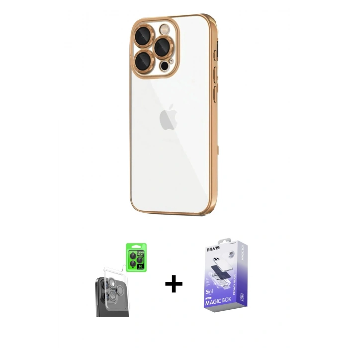 MARSİLYAN™- iPhone 16 Pro Kılıf Vadi Minimal - Siyah Bilvis 5in1 5D Magic Hayalet Cam Ekran Koruyucu + Raze Metal Kamera Lens - SH