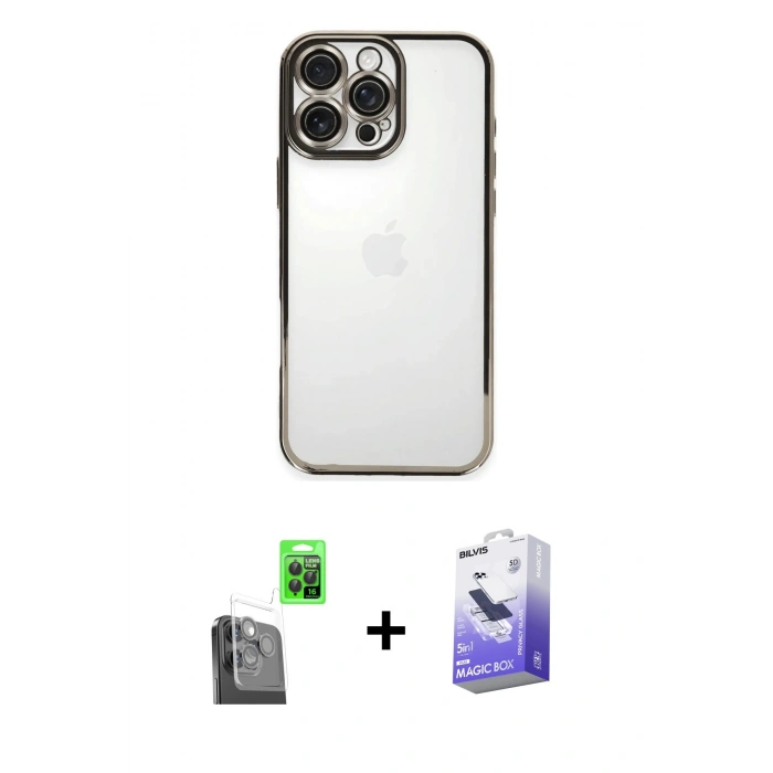 MARSİLYAN™- iPhone 16 Pro Kılıf Vadi Minimal - Siyah Bilvis 5in1 5D Magic Hayalet Cam Ekran Koruyucu + Raze Metal Kamera Lens - SH