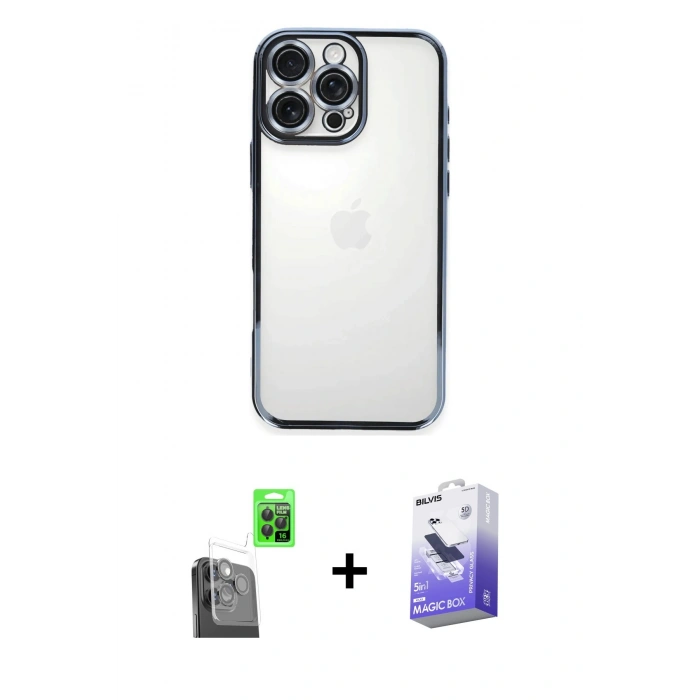 MARSİLYAN™- iPhone 16 Pro Kılıf Vadi Minimal - Siyah Bilvis 5in1 5D Magic Hayalet Cam Ekran Koruyucu + Raze Metal Kamera Lens - SH
