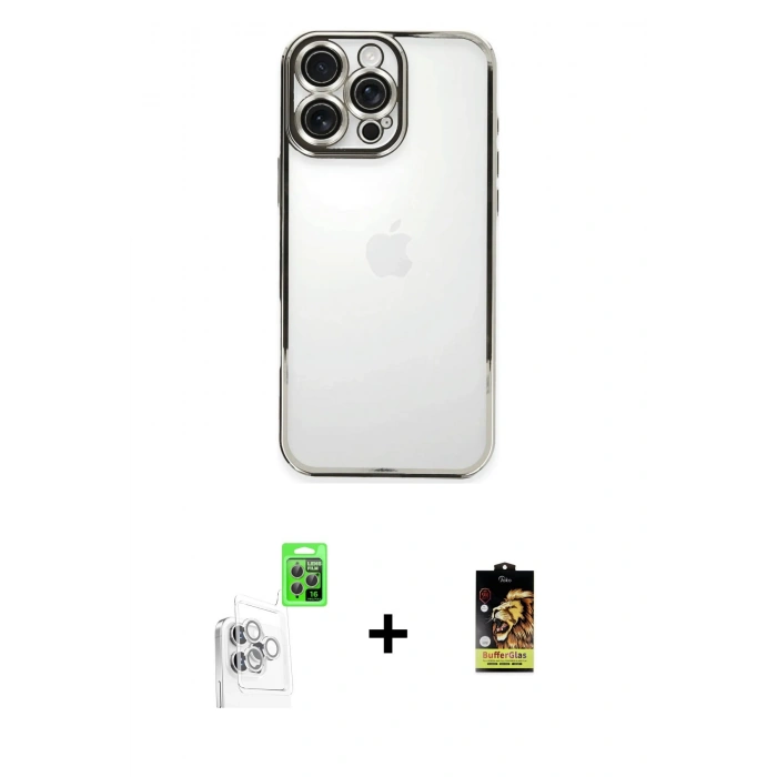 MARSİLYAN™- iPhone 16 Pro Kılıf Vadi Minimal - Siyah Buffer Cam Ekran Koruyucu + Raze Metal Kamera Lens - BZ