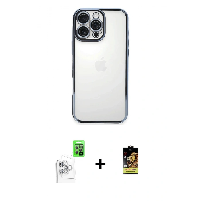 MARSİLYAN™- iPhone 16 Pro Kılıf Vadi Minimal - Siyah Buffer Cam Ekran Koruyucu + Raze Metal Kamera Lens - BZ