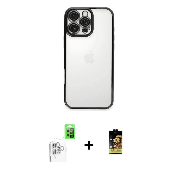MARSİLYAN™- iPhone 16 Pro Kılıf Vadi Minimal - Siyah Buffer Cam Ekran Koruyucu + Raze Metal Kamera Lens - BZ