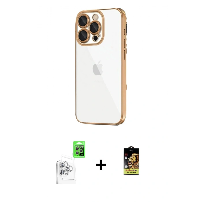 MARSİLYAN™- iPhone 16 Pro Kılıf Vadi Minimal - Siyah Buffer Cam Ekran Koruyucu + Raze Metal Kamera Lens - BZ