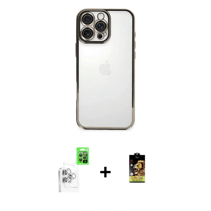 MARSİLYAN™- iPhone 16 Pro Kılıf Vadi Minimal - Siyah Buffer Cam Ekran Koruyucu + Raze Metal Kamera Lens - BZ