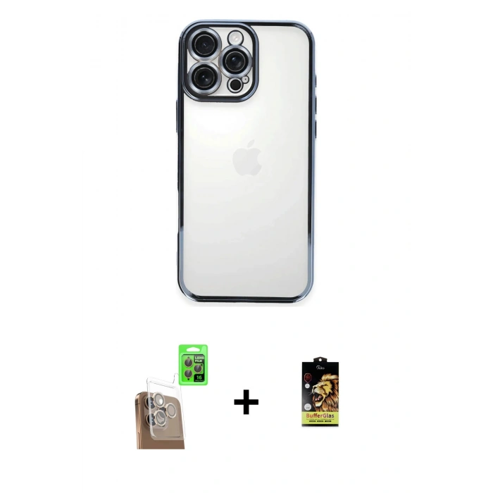 MARSİLYAN™- iPhone 16 Pro Kılıf Vadi Minimal - Siyah Buffer Cam Ekran Koruyucu + Raze Metal Kamera Lens - CLTM