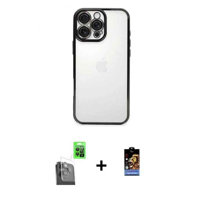 MARSİLYAN™- iPhone 16 Pro Kılıf Vadi Minimal - Siyah Buffer Hayalet Cam Ekran Koruyucu + Raze Metal Kamera Lens - SH