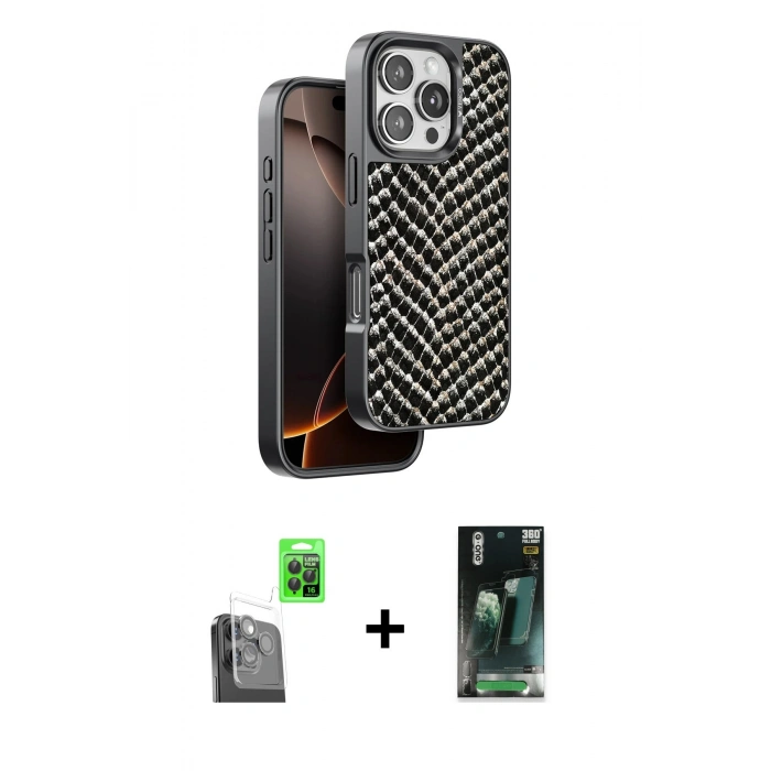 MARSİLYAN™- iPhone 16 Pro Kılıf Vadi Özel Seri - Siyah 360 Mat Full Body Arka Koruyucu + Raze Metal Kamera Lens - SH