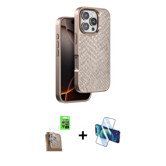 MARSİLYAN™- iPhone 16 Pro Kılıf Vadi Özel Seri - Siyah 3D Antistatik Cam Ekran Koruyucu + Raze Metal Kamera Lens - CLTM