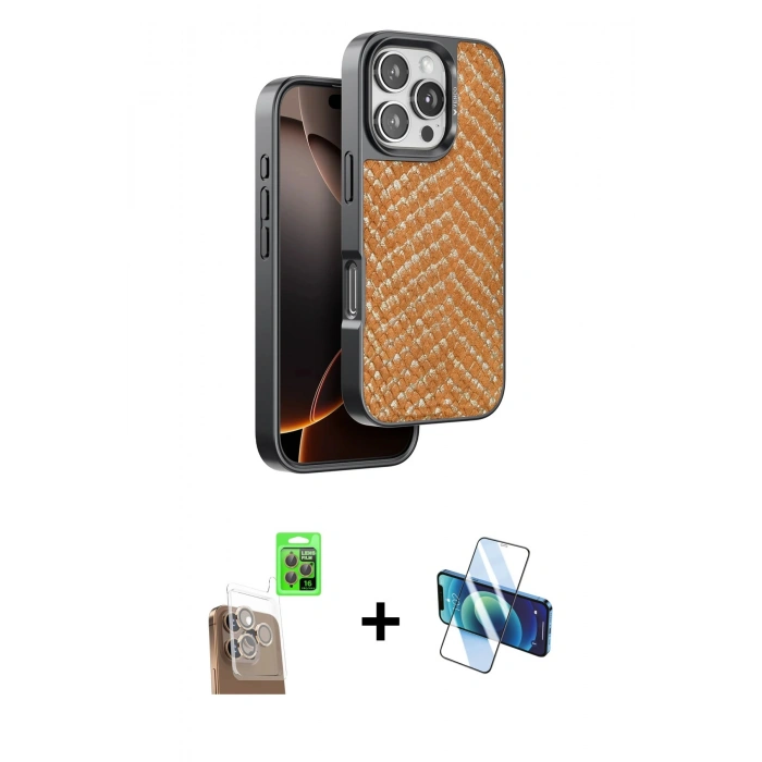 MARSİLYAN™- iPhone 16 Pro Kılıf Vadi Özel Seri - Siyah 3D Antistatik Cam Ekran Koruyucu + Raze Metal Kamera Lens - CLTM