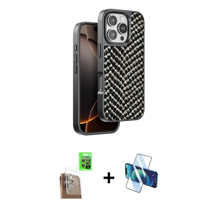 MARSİLYAN™- iPhone 16 Pro Kılıf Vadi Özel Seri - Siyah 3D Antistatik Cam Ekran Koruyucu + Raze Metal Kamera Lens - CLTM