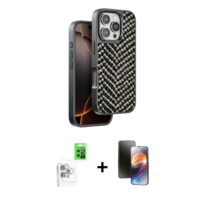 MARSİLYAN™- iPhone 16 Pro Kılıf Vadi Özel Seri - Siyah 3D Antistatik Mat Seramik Nano Ekran Koruyucu + Raze Metal Kamera Lens - BZ