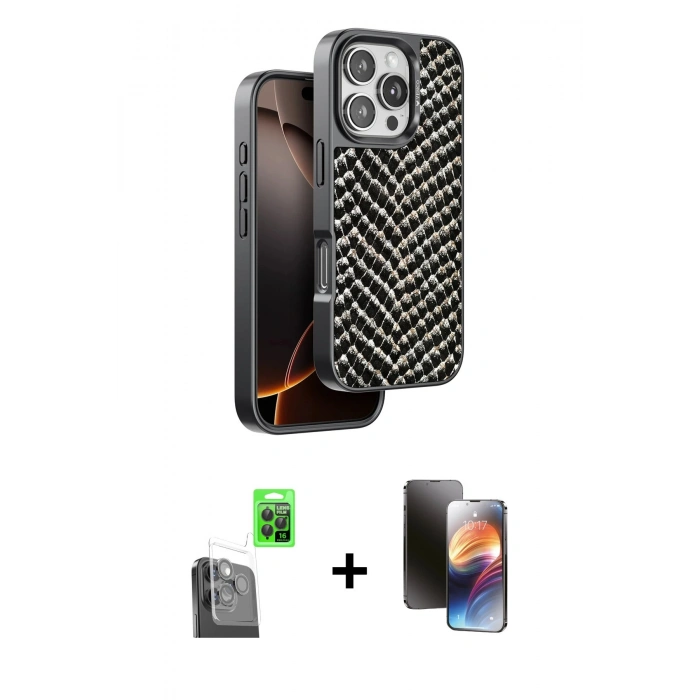 MARSİLYAN™- iPhone 16 Pro Kılıf Vadi Özel Seri - Siyah 3D Antistatik Mat Seramik Nano Ekran Koruyucu + Raze Metal Kamera Lens - SH