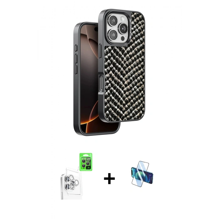 MARSİLYAN™- iPhone 16 Pro Kılıf Vadi Özel Seri - Siyah 3D Antistatik Seramik Nano Ekran Koruyucu + Raze Metal Kamera Lens - BZ