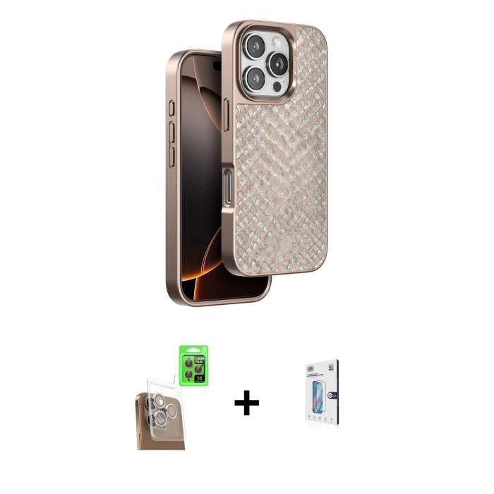 MARSİLYAN™- iPhone 16 Pro Kılıf Vadi Özel Seri - Siyah Bilvis 0.18mm Plus Cam Ekran Koruyucu + Raze Metal Kamera Lens - CLTM