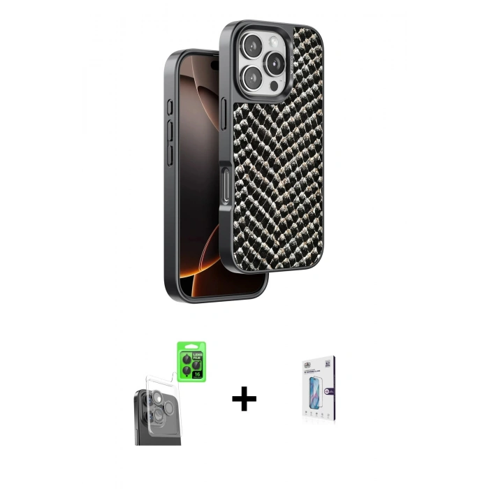 MARSİLYAN™- iPhone 16 Pro Kılıf Vadi Özel Seri - Siyah Bilvis 0.18mm Plus Cam Ekran Koruyucu + Raze Metal Kamera Lens - SH