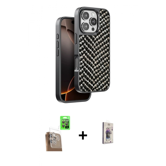 MARSİLYAN™- iPhone 16 Pro Kılıf Vadi Özel Seri - Siyah Bilvis 3D Cam Ekran Koruyucu + Raze Metal Kamera Lens - CLTM