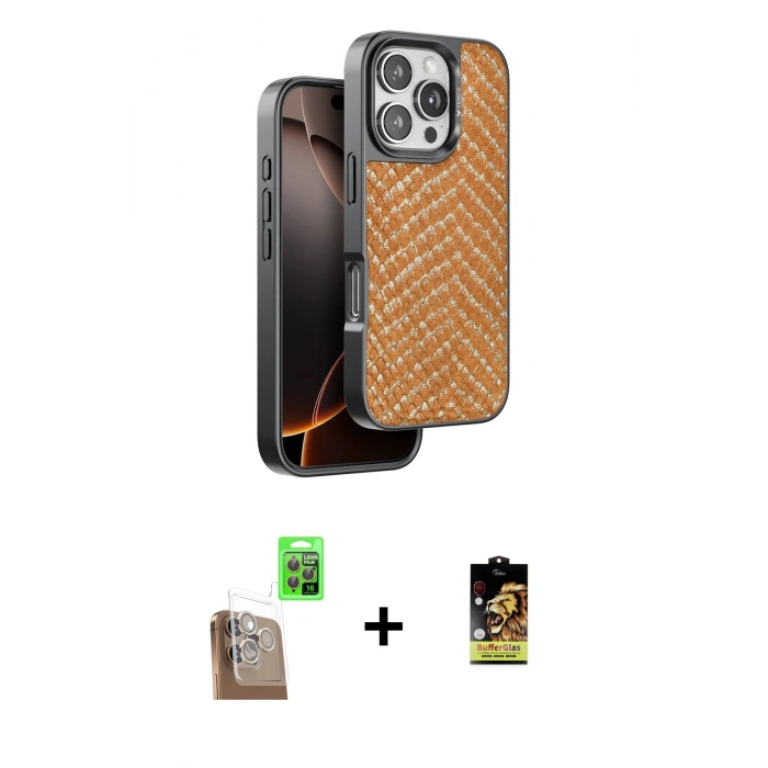 MARSİLYAN™- iPhone 16 Pro Kılıf Vadi Özel Seri - Siyah Buffer Cam Ekran Koruyucu + Raze Metal Kamera Lens - CLTM