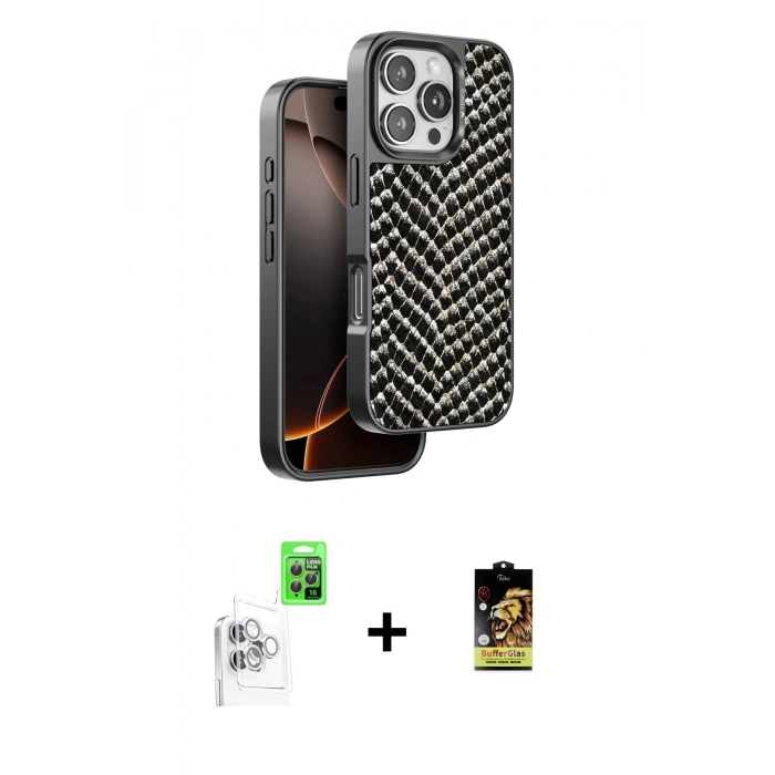 MARSİLYAN™- iPhone 16 Pro Kılıf Vadi Özel Seri - Siyah Buffer Cam Ekran Koruyucu + Raze Metal Kamera Lens - BZ