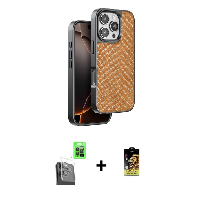 MARSİLYAN™- iPhone 16 Pro Kılıf Vadi Özel Seri - Siyah Buffer Cam Ekran Koruyucu + Raze Metal Kamera Lens - SH