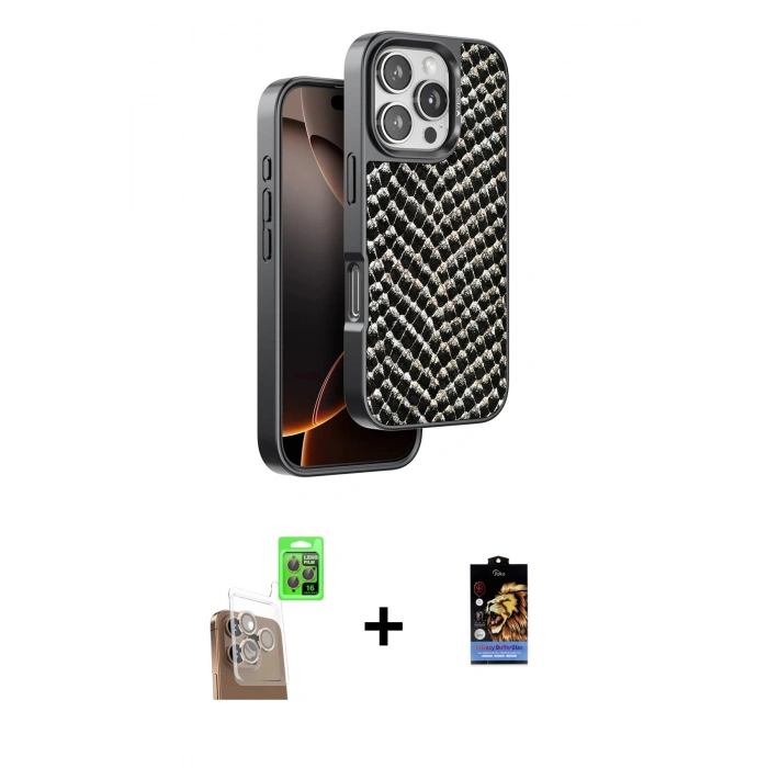 MARSİLYAN™- iPhone 16 Pro Kılıf Vadi Özel Seri - Siyah Buffer Hayalet Cam Ekran Koruyucu + Raze Metal Kamera Lens - CLTM