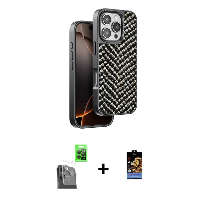 MARSİLYAN™- iPhone 16 Pro Kılıf Vadi Özel Seri - Siyah Buffer Hayalet Cam Ekran Koruyucu + Raze Metal Kamera Lens - SH