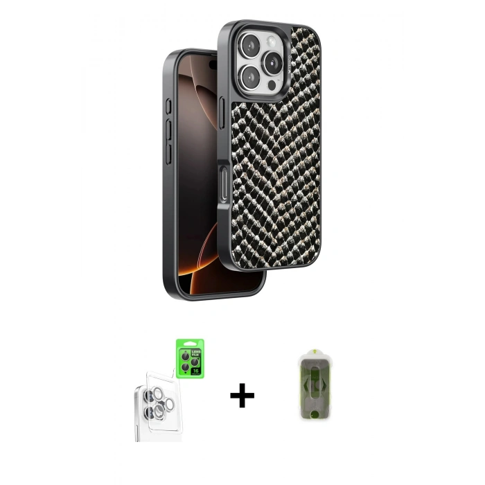 MARSİLYAN™- iPhone 16 Pro Kılıf Vadi Özel Seri - Siyah Joko Magic 5D Hayalet Cam + Raze Metal Kamera Lens - BZ