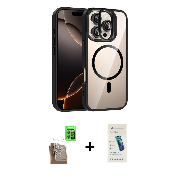 MARSİLYAN™- iPhone 16 Pro Kılıf Yadigar Asil Koleksiyonu - Şeffaf Pasifik Cam Ekran Koruyucu + Raze Metal Kamera Lens - CLTM