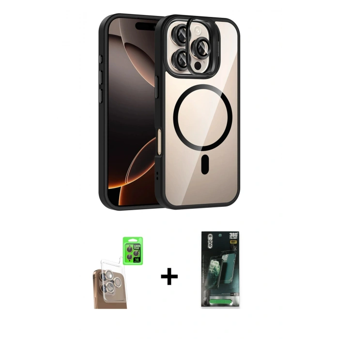 MARSİLYAN™- iPhone 16 Pro Kılıf Yadigar Asil Koleksiyonu - Siyah 360 Mat Full Body Arka Koruyucu + Raze Metal Kamera Lens - CLTM