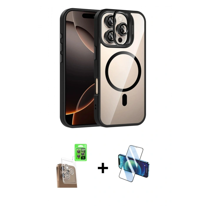MARSİLYAN™- iPhone 16 Pro Kılıf Yadigar Asil Koleksiyonu - Siyah 3D Antistatik Cam Ekran Koruyucu + Raze Metal Kamera Lens - CLTM