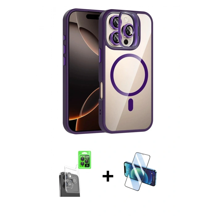 MARSİLYAN™- iPhone 16 Pro Kılıf Yadigar Asil Koleksiyonu - Siyah 3D Antistatik Cam Ekran Koruyucu + Raze Metal Kamera Lens - SH