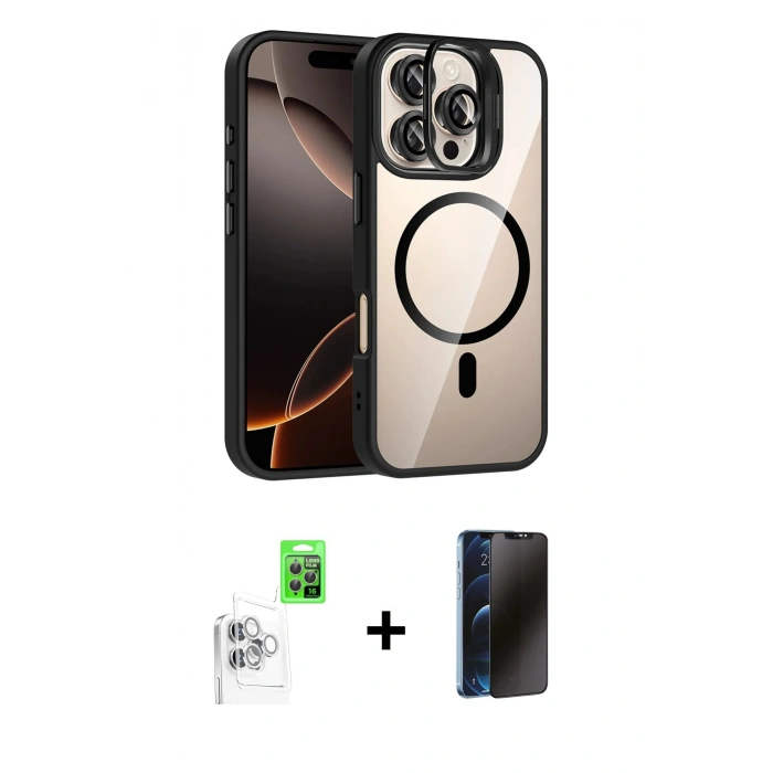 MARSİLYAN™- iPhone 16 Pro Kılıf Yadigar Asil Koleksiyonu - Siyah 3D Antistatik Hayalet Cam Ekran Koruyucu + Raze Metal Kamera Lens - BZ