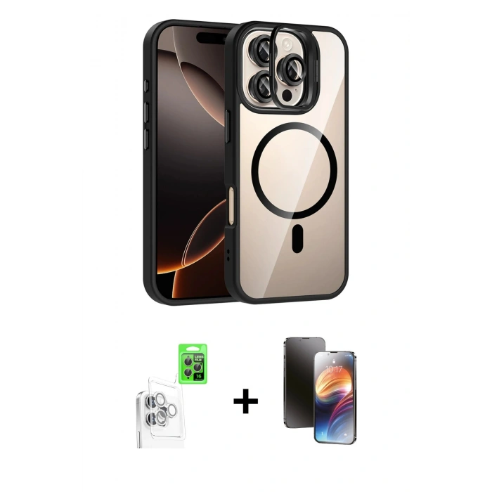 MARSİLYAN™- iPhone 16 Pro Kılıf Yadigar Asil Koleksiyonu - Siyah 3D Antistatik Mat Seramik Nano Ekran Koruyucu + Raze Metal Kamera Lens - BZ