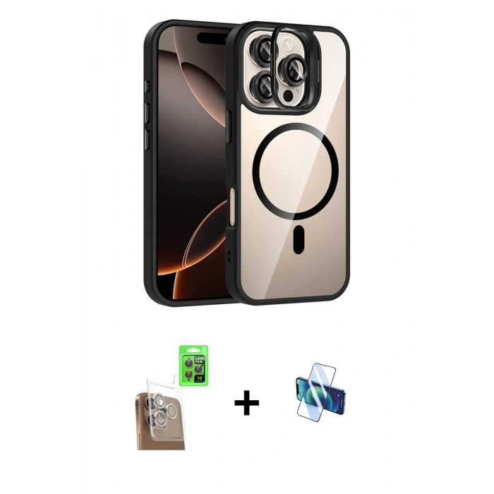 MARSİLYAN™- iPhone 16 Pro Kılıf Yadigar Asil Koleksiyonu - Siyah 3D Antistatik Seramik Nano Ekran Koruyucu + Raze Metal Kamera Lens - CLTM