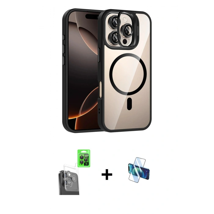 MARSİLYAN™- iPhone 16 Pro Kılıf Yadigar Asil Koleksiyonu - Siyah 3D Antistatik Seramik Nano Ekran Koruyucu + Raze Metal Kamera Lens - SH