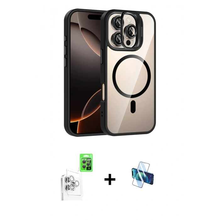 MARSİLYAN™- iPhone 16 Pro Kılıf Yadigar Asil Koleksiyonu - Siyah 3D Antistatik Seramik Nano Ekran Koruyucu + Raze Metal Kamera Lens - BZ