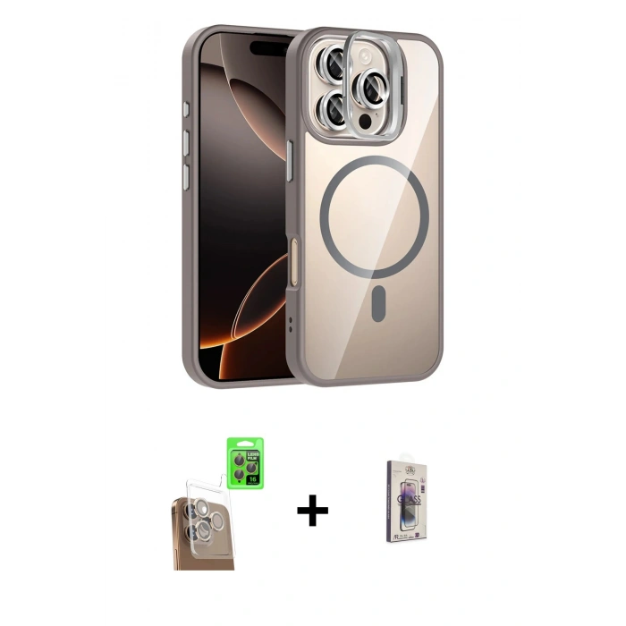 MARSİLYAN™- iPhone 16 Pro Kılıf Yadigar Asil Koleksiyonu - Siyah Bilvis 3D Cam Ekran Koruyucu + Çöl Titanyum Raze Metal Kamera Lens