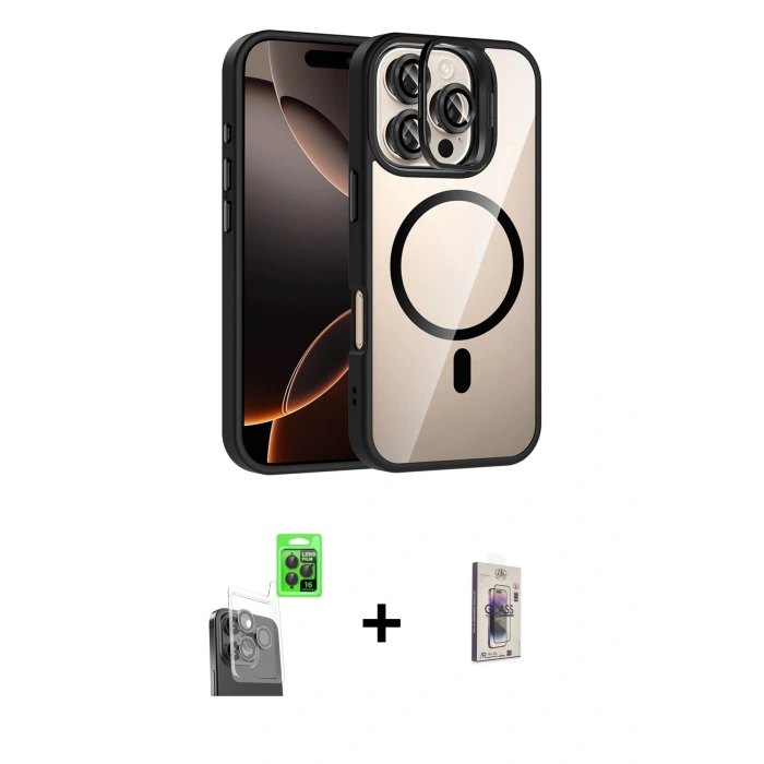 MARSİLYAN™- iPhone 16 Pro Kılıf Yadigar Asil Koleksiyonu - Siyah Bilvis 3D Cam Ekran Koruyucu + Raze Metal Kamera Lens - SH