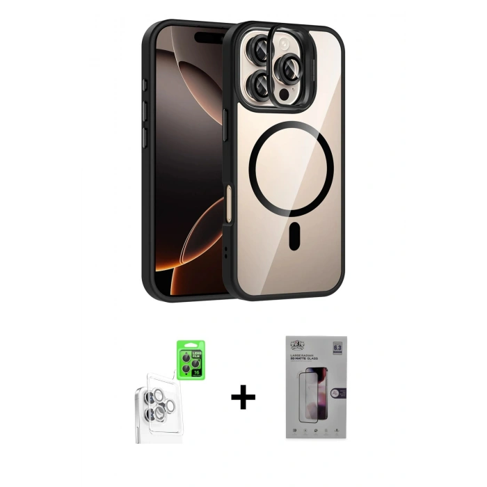 MARSİLYAN™- iPhone 16 Pro Kılıf Yadigar Asil Koleksiyonu - Siyah Bilvis 3D Mat Cam Ekran Koruyucu + Raze Metal Kamera Lens - BZ