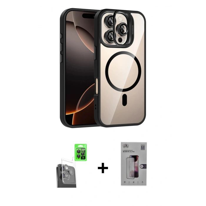 MARSİLYAN™- iPhone 16 Pro Kılıf Yadigar Asil Koleksiyonu - Siyah Bilvis 3D Mat Cam Ekran Koruyucu + Raze Metal Kamera Lens - SH