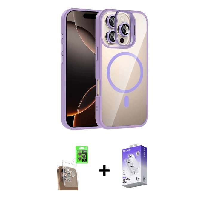 MARSİLYAN™- iPhone 16 Pro Kılıf Yadigar Asil Koleksiyonu - Siyah Bilvis 5in1 3D Magic Cam Ekran Koruyucu + Çöl Titanyum Raze Metal Kamera Lens