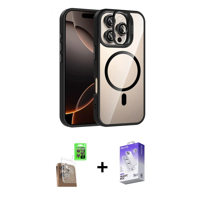 MARSİLYAN™- iPhone 16 Pro Kılıf Yadigar Asil Koleksiyonu - Siyah Bilvis 5in1 3D Magic Cam Ekran Koruyucu + Çöl Titanyum Raze Metal Kamera Lens