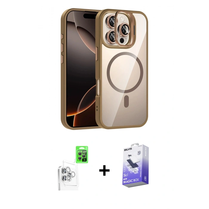 MARSİLYAN™- iPhone 16 Pro Kılıf Yadigar Asil Koleksiyonu - Siyah Bilvis 5in1 5D Magic Hayalet Cam Ekran Koruyucu + Raze Metal Kamera Lens - BZ