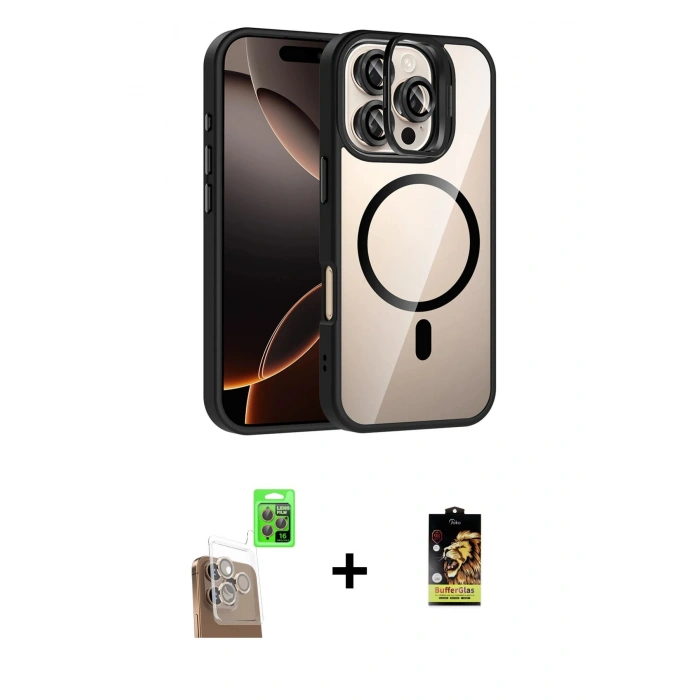 MARSİLYAN™- iPhone 16 Pro Kılıf Yadigar Asil Koleksiyonu - Siyah Buffer Cam Ekran Koruyucu + Raze Metal Kamera Lens - CLTM