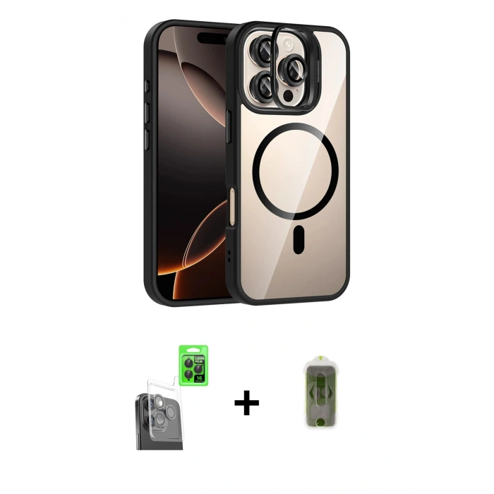 MARSİLYAN™- iPhone 16 Pro Kılıf Yadigar Asil Koleksiyonu - Siyah Joko Magic 5D Hayalet Cam + Raze Metal Kamera Lens - SH