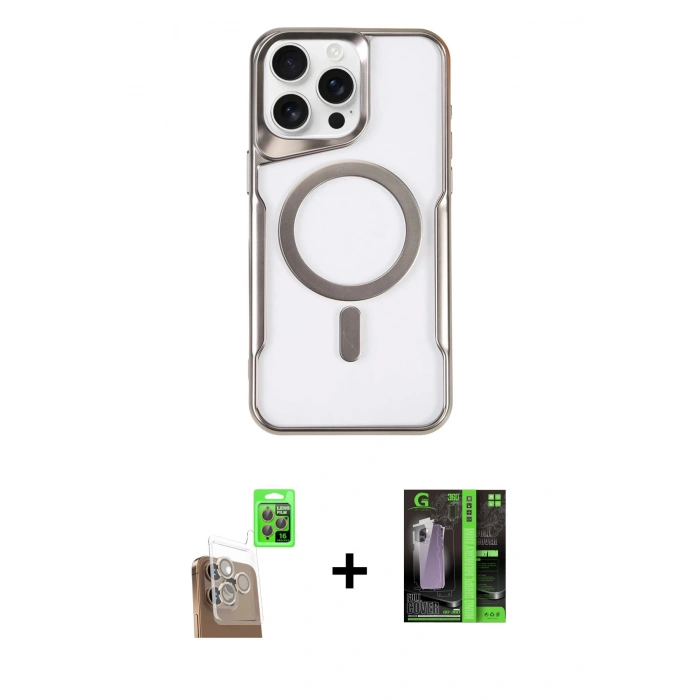 MARSİLYAN™- iPhone 16 Pro Kılıf Yadigar Klasik Özel Seri - Şeffaf 360 Full Body Arka Koruyucu + Çöl Titanyum Raze Metal Kamera Lens