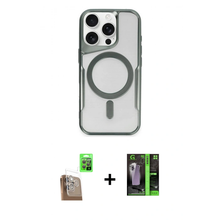 MARSİLYAN™- iPhone 16 Pro Kılıf Yadigar Klasik Özel Seri - Şeffaf 360 Full Body Arka Koruyucu + Çöl Titanyum Raze Metal Kamera Lens