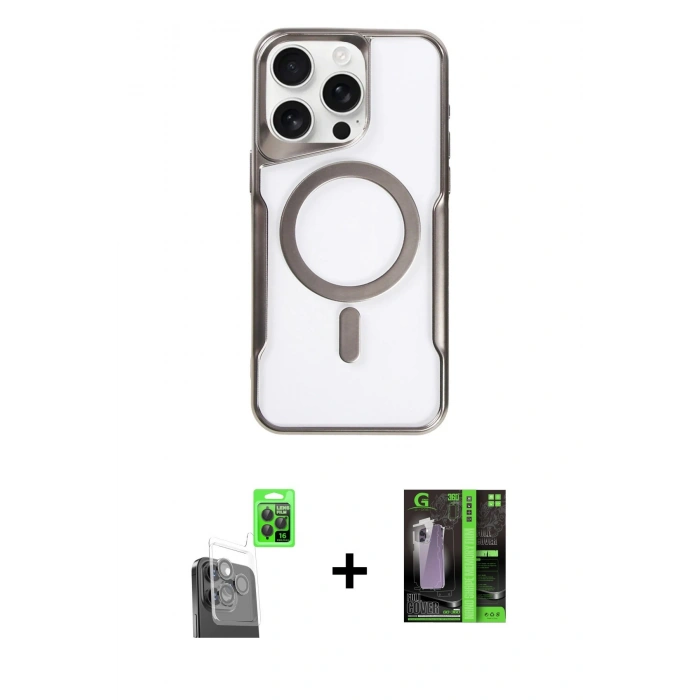 MARSİLYAN™- iPhone 16 Pro Kılıf Yadigar Klasik Özel Seri - Şeffaf 360 Full Body Arka Koruyucu + Siyah Raze Metal Kamera Lens